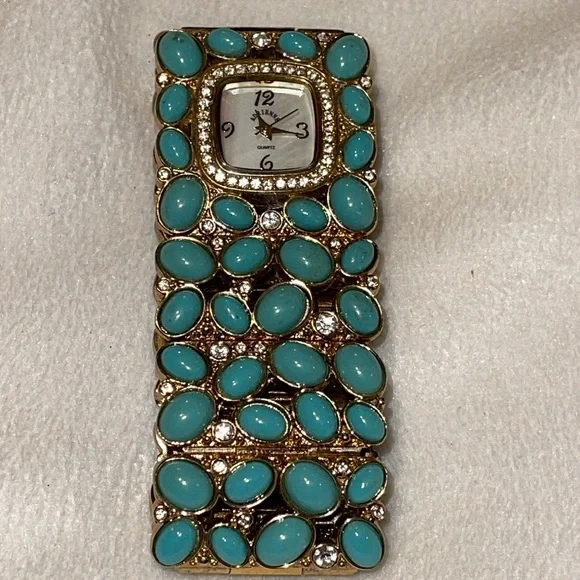 Vintage ADRIENNE Ladies 32mm Watch Faux Turquoise Rhinestone Gold‎ Tone